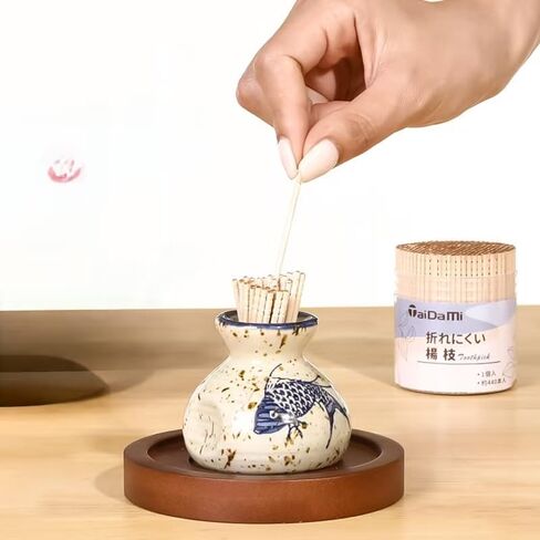 Vintage Ceramic Toothpick Holder – Decorative Kitchen Storage Jar with Floral & Fish Design, Rustic Cream Base, Glossy Ceramic Finish, Traditional Aesthetic, Perfect for Home or Restaurant Use in Saudi Arabia