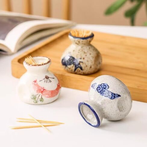 Vintage Ceramic Toothpick Holder – Decorative Kitchen Storage Jar with Floral & Fish Design, Rustic Cream Base, Glossy Ceramic Finish, Traditional Aesthetic, Perfect for Home or Restaurant Use in Saudi Arabia