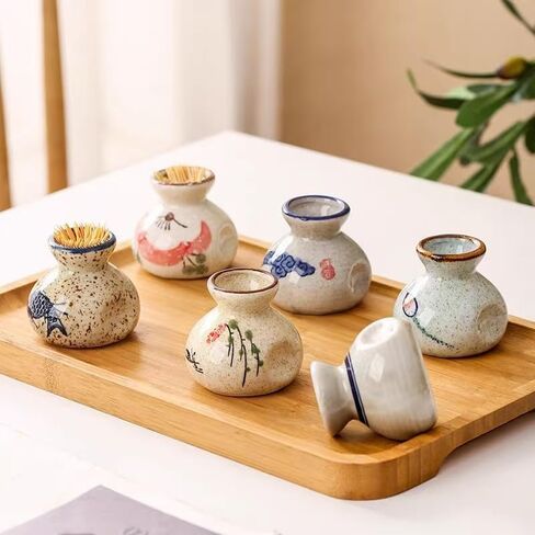 Vintage Ceramic Toothpick Holder – Decorative Kitchen Storage Jar with Floral & Fish Design, Rustic Cream Base, Glossy Ceramic Finish, Traditional Aesthetic, Perfect for Home or Restaurant Use in Saudi Arabia