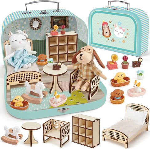 Suitcase Dollhouse Furniture Set for Kids, Mini Dollhouse Box with 2 Flexible Dolls and Bedroom&Bathroom Furnitures, Pretend Play Accessories Christmas Birthday Gift for Toddlers Ages 3+ in Saudi Arabia