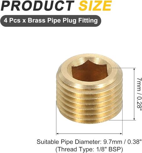 uxcell 4Pcs Brass Pipe Plug Fitting, 1/8" BSP Male Hex Counter Sunk Plug, Internal Thread Socket Pipe Plug for Closing the End of Pipe, Air Tanks in Saudi Arabia