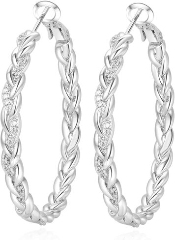 PABBEU Sterling Silver Hoop Earrings,Hypoallergenic Twisted Silver Hoops Earrings for Women Lightweight SilverHoop Earring with Cubic Zirconia (15/20/25/30MM) in Saudi Arabia
