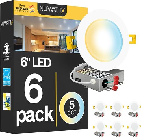 NUWATT 6 عبوات، 6 بوصات إضاءة LED رفيعة للغاية، CCT 2700K/3000K/3500K/4000K/5000K قابلة للتحديد، 1050LM، 15W، قابلة للتعتيم، تصنيف IC، تصنيف رطب، ضوء رقاقة نحيف بدون غطاء أبيض مع صندوق توصيل in Saudi Arabia