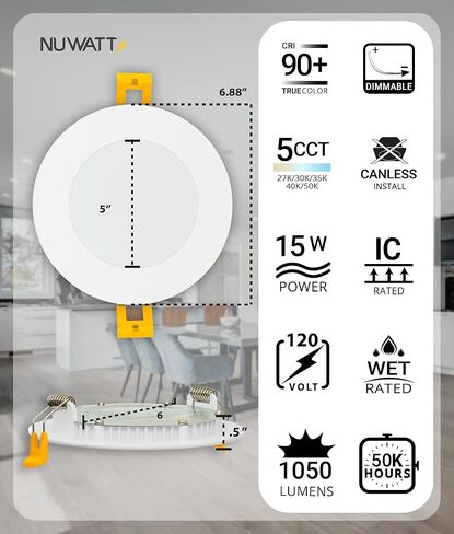 NUWATT 6 عبوات، 6 بوصات إضاءة LED رفيعة للغاية، CCT 2700K/3000K/3500K/4000K/5000K قابلة للتحديد، 1050LM، 15W، قابلة للتعتيم، تصنيف IC، تصنيف رطب، ضوء رقاقة نحيف بدون غطاء أبيض مع صندوق توصيل in Saudi Arabia