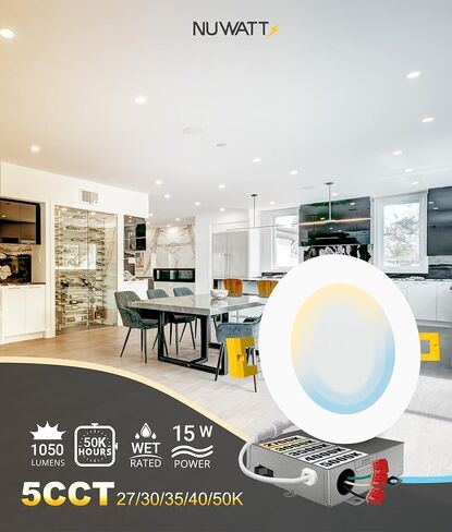NUWATT 6 عبوات، 6 بوصات إضاءة LED رفيعة للغاية، CCT 2700K/3000K/3500K/4000K/5000K قابلة للتحديد، 1050LM، 15W، قابلة للتعتيم، تصنيف IC، تصنيف رطب، ضوء رقاقة نحيف بدون غطاء أبيض مع صندوق توصيل in Saudi Arabia
