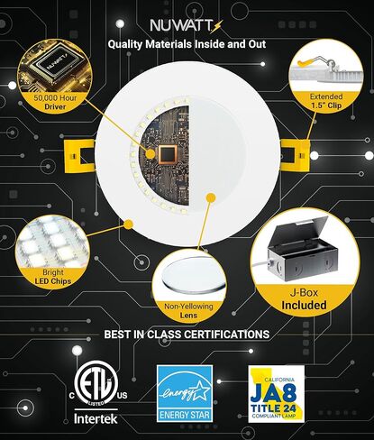 NUWATT 6 عبوات، 6 بوصات إضاءة LED رفيعة للغاية، CCT 2700K/3000K/3500K/4000K/5000K قابلة للتحديد، 1050LM، 15W، قابلة للتعتيم، تصنيف IC، تصنيف رطب، ضوء رقاقة نحيف بدون غطاء أبيض مع صندوق توصيل in Saudi Arabia