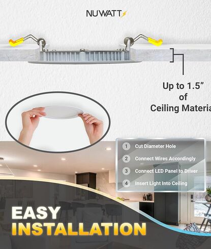 NUWATT 6 عبوات، 6 بوصات إضاءة LED رفيعة للغاية، CCT 2700K/3000K/3500K/4000K/5000K قابلة للتحديد، 1050LM، 15W، قابلة للتعتيم، تصنيف IC، تصنيف رطب، ضوء رقاقة نحيف بدون غطاء أبيض مع صندوق توصيل in Saudi Arabia