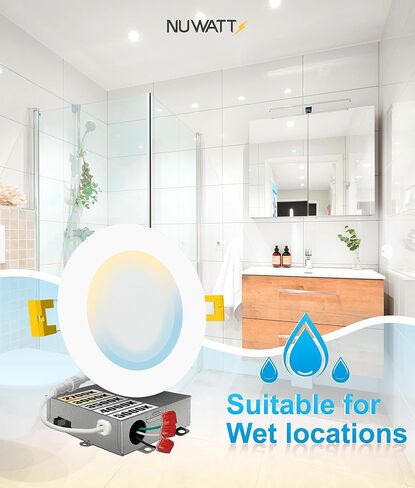 NUWATT 6 عبوات، 6 بوصات إضاءة LED رفيعة للغاية، CCT 2700K/3000K/3500K/4000K/5000K قابلة للتحديد، 1050LM، 15W، قابلة للتعتيم، تصنيف IC، تصنيف رطب، ضوء رقاقة نحيف بدون غطاء أبيض مع صندوق توصيل in Saudi Arabia