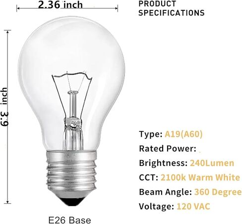 100 Watt Incandescent Light Bulbs, A19 Clear Incandescent Rough Service Light Bulb,A19 100 WATT Incandescent Bulb Shatter Resistant Rough Service Light Bulb 100 WATTS A19 Shape (6) in Saudi Arabia