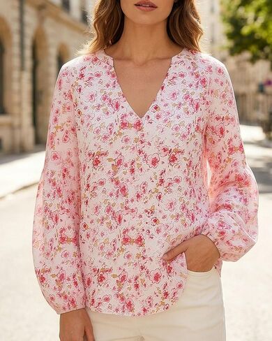 Women V Neck Floral Shirts Lightweight Long Sleeve Shirts in Saudi Arabia