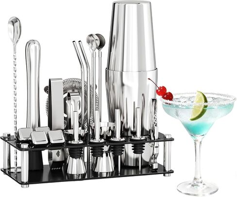 24 Piece Professional Boston Shaker for Cocktails, Stainless Steel Bar Kits for Bartender with Acrylic Stand, All Essential Bar Tools for Home, Party, Mixing Drinks, Silver in Saudi Arabia