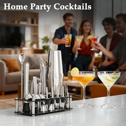 24 Piece Professional Boston Shaker for Cocktails, Stainless Steel Bar Kits for Bartender with Acrylic Stand, All Essential Bar Tools for Home, Party, Mixing Drinks, Silver in Saudi Arabia