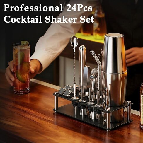 24 Piece Professional Boston Shaker for Cocktails, Stainless Steel Bar Kits for Bartender with Acrylic Stand, All Essential Bar Tools for Home, Party, Mixing Drinks, Silver in Saudi Arabia