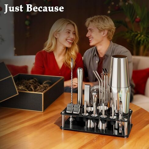 24 Piece Professional Boston Shaker for Cocktails, Stainless Steel Bar Kits for Bartender with Acrylic Stand, All Essential Bar Tools for Home, Party, Mixing Drinks, Silver in Saudi Arabia