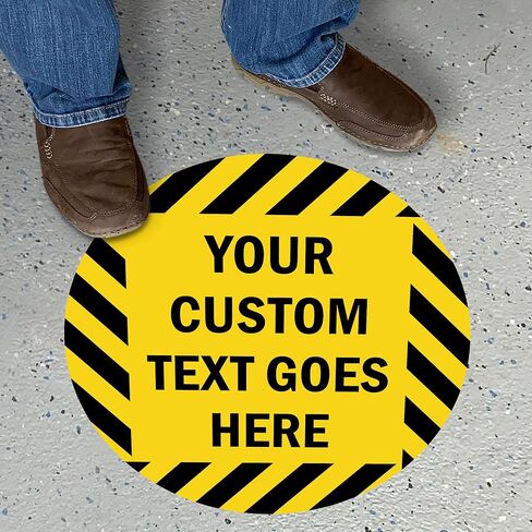 SmartSign 17 x 17 inch Custom Round Adhesive Floor Decal with Stripes, 18 mil Vinyl, Anti-Slip Pebbled Finish, Black and Yellow, Made in USA in Saudi Arabia