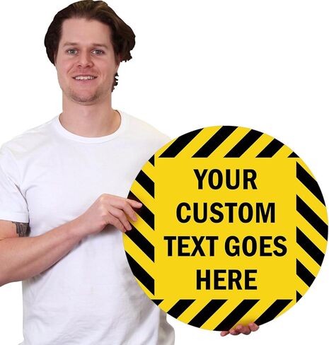 SmartSign 17 x 17 inch Custom Round Adhesive Floor Decal with Stripes, 18 mil Vinyl, Anti-Slip Pebbled Finish, Black and Yellow, Made in USA in Saudi Arabia