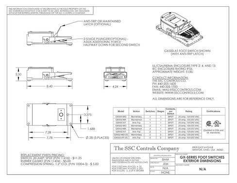 SSC Controls GX500-MO مفتاح القدم، بدون حارس/درع، كهربائي، عمل لحظي، عالي التحمل، دواسة واحدة، صناعي، SPDT in Kuwait