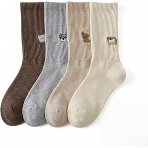 4 Pairs Women Cute Cartoon Crew Socks,Embroidery Casual for Women,Soft,Breathable Hand-Linked Smooth Toe, Comfortable & Durable Work Socks, Size 5-10 in Saudi Arabia