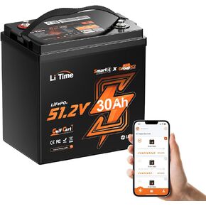 LiTime 51.2V (48V) 30Ah بطارية ليثيوم لعربة الجولف حجم GC2 مع 80A BMS الذكية، بلوتوث وحماية منخفضة الحرارة، تدعم ما يصل إلى محرك 3 كيلو وات، أقصى خرج طاقة مستمر 4.096 كيلو وات، مثالية لعربات الجولف in Kuwait