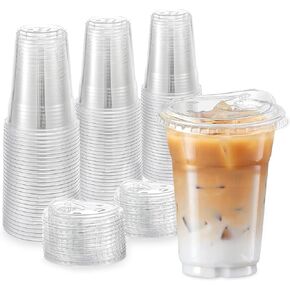 TashiBox 24oz100 مجموعات أكواب بلاستيكية شفافة مع رشفة من خلال الأغطية، أكواب بلاستيكية شفافة يمكن التخلص منها، أكواب عصير in Kuwait