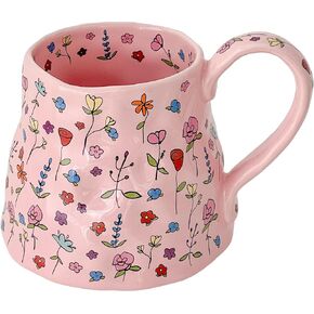 Large Ceramic Coffee Mug Cute Flower with Handmade Big Handle, 20oz Girly Pink Floral Tea Cup for Women Mothers Day, Novelty Irregular Oversized Christmas Mugs for Latte Tea Milk Cocoa in Saudi Arabia