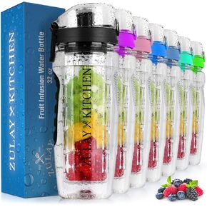 زجاجة مياه من Hydration Nation بسعة 34oz - زجاجة مياه خالية من مادة BPA مع قبضة مزدوجة غير قابلة للانزلاق وغطاء علوي قابل للطي - زجاجة مياه محددة الوقت مع قضيب نقع الفاكهة للمنزل والخارج (أسود) in Kuwait