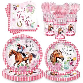 168pcs Derby Party Supplies Include Plates Napkins Cups Disposable Tableware Set for 24 Guests Pink Horse Race Run for the Roses Themed Derby Decorations in Saudi Arabia