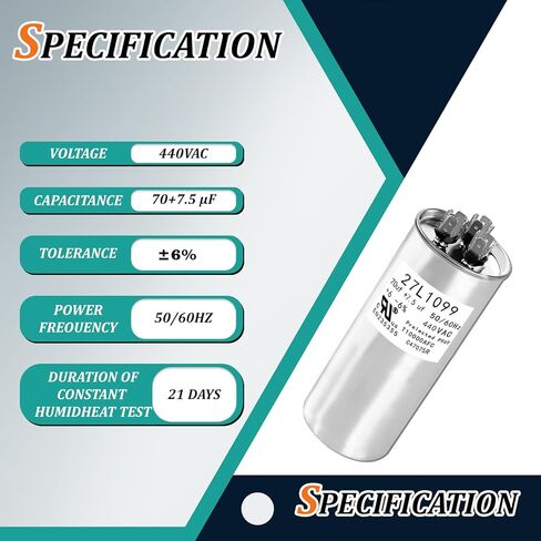 P291-7074R 27L1099 مكثف 70 + 7.5 فائق التوهج 440VAC يساعد المحرك على بدء التشغيل بشكل ثابت ومقاوم للانفجار in Kuwait