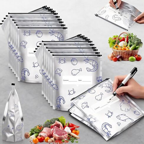 2026 New Large Reusable Aluminum Foil Sealable Storage Bags 20 Pcs, Vacuum Zip Lock Freezer Bags for Food, Stand Up Aluminum Foil Bags with Label for Meat Vegetable Fruit (11.41"*10.23") in Saudi Arabia