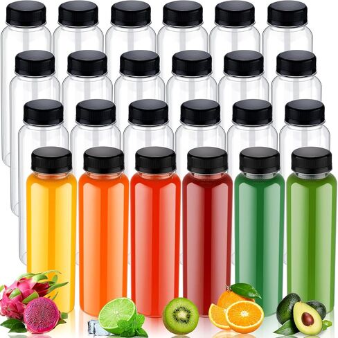 Thenshop 50 Packs 10 oz Plastic Juice Bottle with Caps BPA Free Juicing Bottle Bulk Reusable Drink Container with Leak Proof Lid Clear Sensory Container for Tea Milk Liquid Smoothies (White and Black) in Saudi Arabia