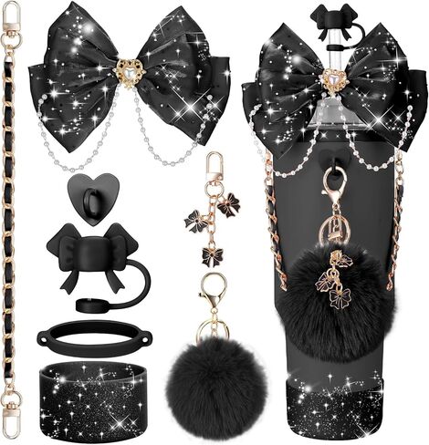 إكسسوارات كأس Mity Rain Bling لكوب ستانلي بسعة 30 أونصة 40 أونصة 20 أونصة بمقبض، بما في ذلك غطاء علوي من القش القوس، وتزيين قوس القش، وحزام مقبض زجاجة مياه جلدي، وحذاء طويل (أرجواني) in Saudi Arabia