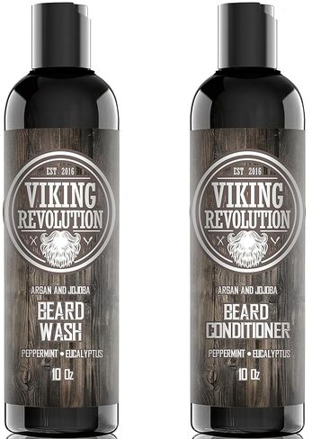 Viking Revolution Beard Wash & Beard Conditioner Set w/Argan & Jojoba Oils – Softens, Smooths & Strengthens Beard Growth - Natural Peppermint and Eucalyptus Scent - Beard Shampoo w/Beard Oil (10 oz) in Kuwait