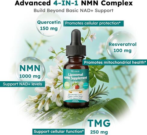 NMN Supplement Liquid Drops، 4 في 1 NMN Beta 1000mg w. كيرسيتين TMG ريسفيراترول للطاقة المضادة للشيخوخة ودعم المناعة، بديل NMNH عالي الامتصاص للنساء والرجال in Kuwait