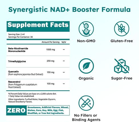 NMN Supplement Liquid Drops، 4 في 1 NMN Beta 1000mg w. كيرسيتين TMG ريسفيراترول للطاقة المضادة للشيخوخة ودعم المناعة، بديل NMNH عالي الامتصاص للنساء والرجال in Kuwait
