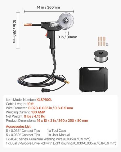 VEVOR 130Amp Spool Gun with 10FT Cable, Replacement for Lincoln Magnum 100SG K2532-1 - with 11PCS Mig Welding Contact Tips, ER4043 0.035" Aluminum Mig Welding Wire & Toolbox in Saudi Arabia