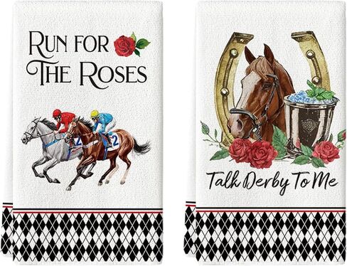 Artoid Mode Diamond Plaid Jockey Horse Racing Rose Kentucky Kitchen Towels Dish Towels, 18x26 Inch Farmhouse Decoration Hand Towels Set of 2 in Saudi Arabia