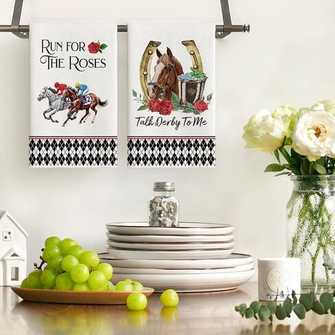Artoid Mode Diamond Plaid Jockey Horse Racing Rose Kentucky Kitchen Towels Dish Towels, 18x26 Inch Farmhouse Decoration Hand Towels Set of 2 in Saudi Arabia