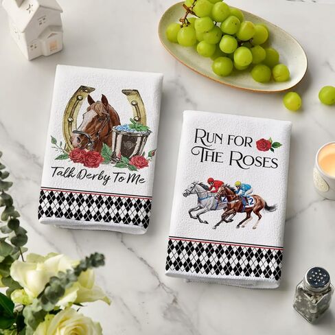 Artoid Mode Diamond Plaid Jockey Horse Racing Rose Kentucky Kitchen Towels Dish Towels, 18x26 Inch Farmhouse Decoration Hand Towels Set of 2 in Saudi Arabia
