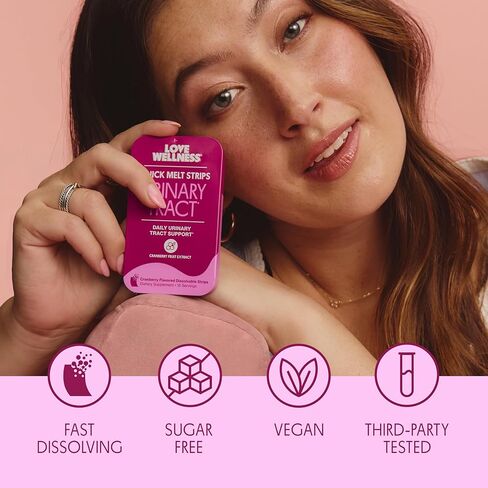 شرائط المسالك البولية من Love Wellness* - شرائح سريعة الذوبان - دعم UT سريع الذوبان مع 36 مجم من PACs من مستخلص فاكهة التوت البري - يعزز صحة المسالك البولية * - لا حاجة للماء - نباتي وخالي من السكر - 32 شريطًا in Kuwait