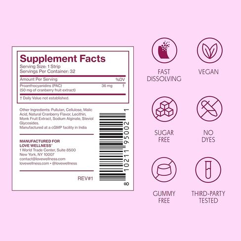 شرائط المسالك البولية من Love Wellness* - شرائح سريعة الذوبان - دعم UT سريع الذوبان مع 36 مجم من PACs من مستخلص فاكهة التوت البري - يعزز صحة المسالك البولية * - لا حاجة للماء - نباتي وخالي من السكر - 32 شريطًا in Kuwait