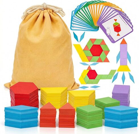 LOVESTOWN 209 PCS Wooden Pattern Blocks, Geometric Shapes Blocks Pattern Blocks with Cards Tangram Puzzles for Kids Educational Tangram Toys in Saudi Arabia