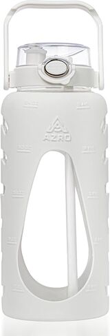 Azro 64 oz Water Bottle - Large Borosilicate Glass Water Bottle with Silicone Sleeve, Time & Volume Markers, Dual-Sip Straw + Wide-Mouth Leak-Proof Lid, Integrated Phone Holder, Cleaning Brush - White in Saudi Arabia