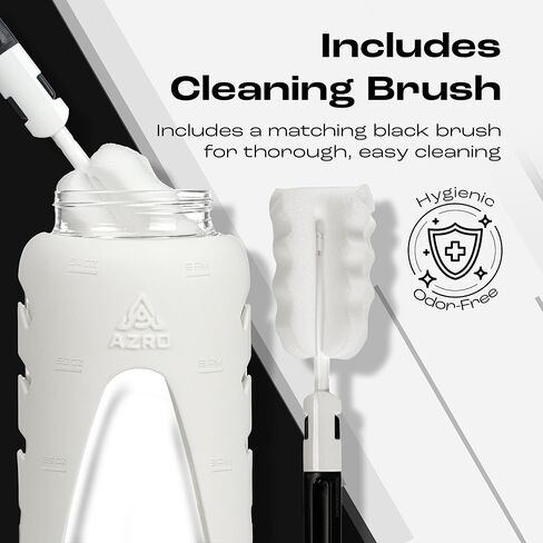 Azro 64 oz Water Bottle - Large Borosilicate Glass Water Bottle with Silicone Sleeve, Time & Volume Markers, Dual-Sip Straw + Wide-Mouth Leak-Proof Lid, Integrated Phone Holder, Cleaning Brush - White in Saudi Arabia