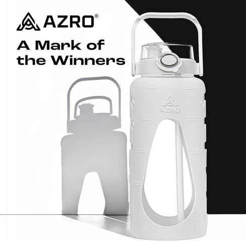 Azro 64 oz Water Bottle - Large Borosilicate Glass Water Bottle with Silicone Sleeve, Time & Volume Markers, Dual-Sip Straw + Wide-Mouth Leak-Proof Lid, Integrated Phone Holder, Cleaning Brush - White in Saudi Arabia