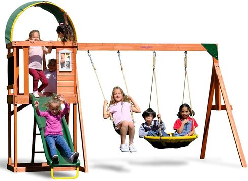 Sportspower Amanda Cedar Wooden Swing Set with Saucer Swing, 6FT Blow Molded Slide, Swing, Play Fort, Heavy Duty Double A-Frame, on Slide in Saudi Arabia