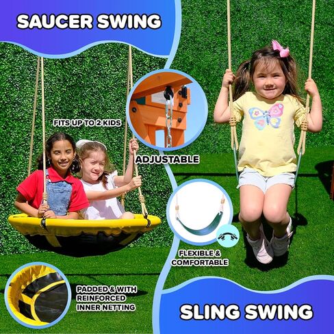 Sportspower Amanda Cedar Wooden Swing Set with Saucer Swing, 6FT Blow Molded Slide, Swing, Play Fort, Heavy Duty Double A-Frame, on Slide in Saudi Arabia