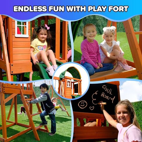 Sportspower Amanda Cedar Wooden Swing Set with Saucer Swing, 6FT Blow Molded Slide, Swing, Play Fort, Heavy Duty Double A-Frame, on Slide in Saudi Arabia