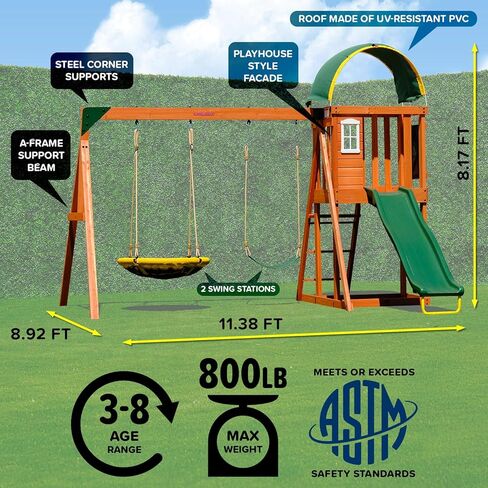 Sportspower Amanda Cedar Wooden Swing Set with Saucer Swing, 6FT Blow Molded Slide, Swing, Play Fort, Heavy Duty Double A-Frame, on Slide in Saudi Arabia