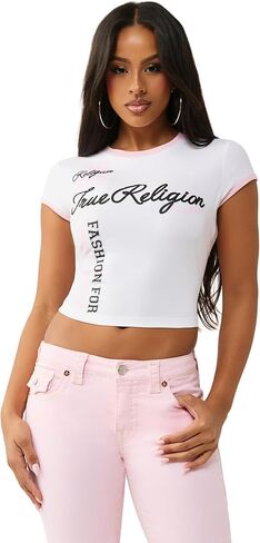 قميص نسائي رياضي ذو أكمام قصيرة متباينة من True Religion - تي شيرت قطني ملائم in Kuwait