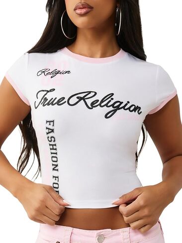 قميص نسائي رياضي ذو أكمام قصيرة متباينة من True Religion - تي شيرت قطني ملائم in Kuwait